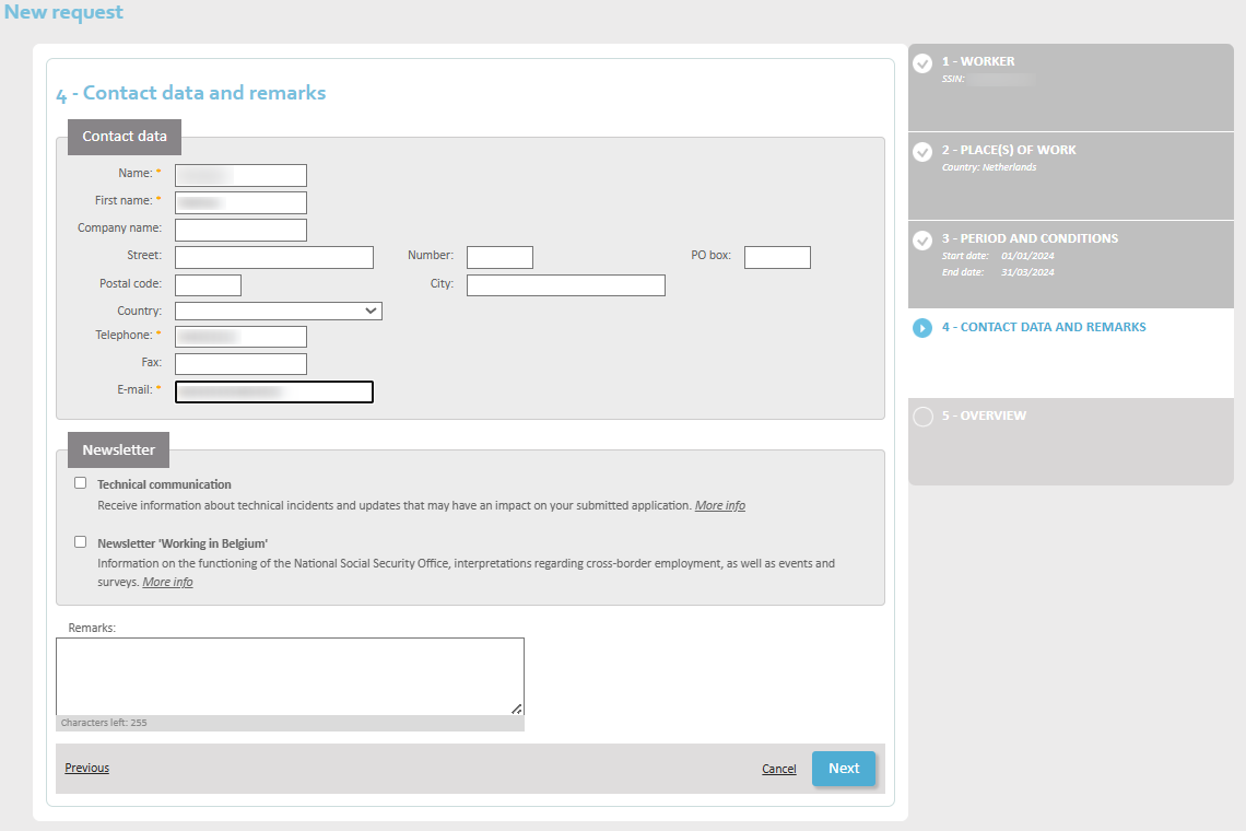 New Request - Step 4 Screen with contact details of the person the NSSO can contact with questions about the posting