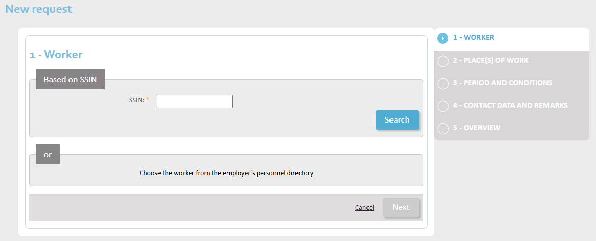 New Request - step 1 New Request: identify employee with SSIN number