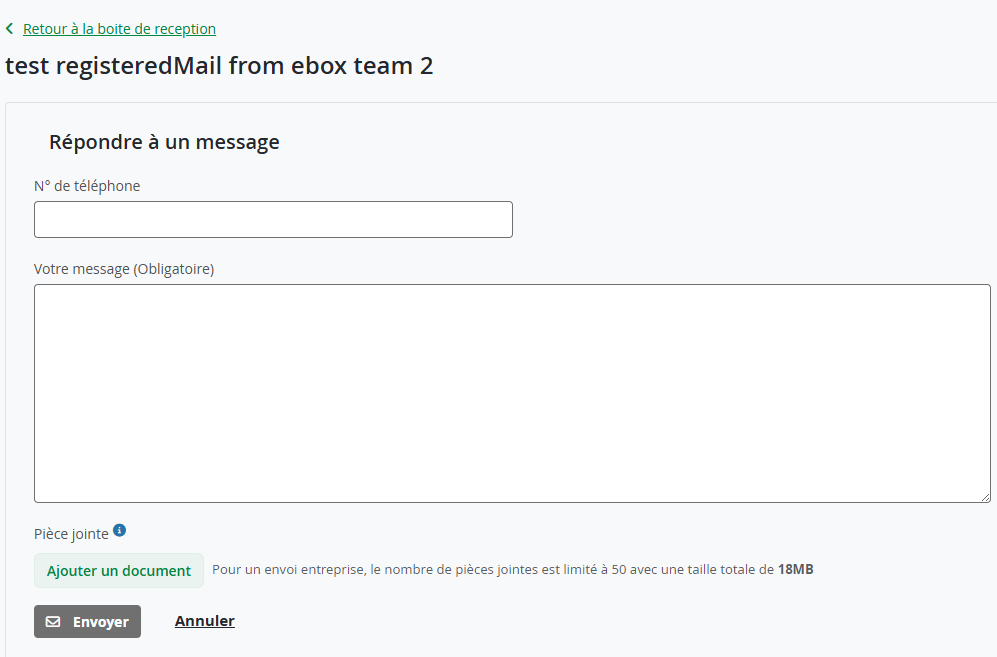 Reply message. Reply message with fields for telephone number and message, with Attachment, Send and Cancel buttons.