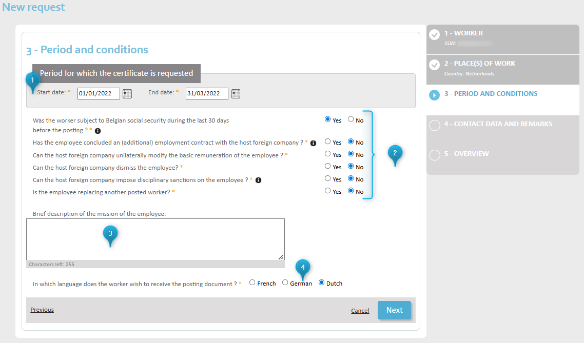 New Request - Step 3 Screen for documenting the working conditions at the place of employment abroad