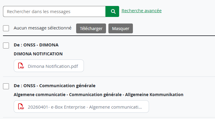 Messages in more detail. Each message is preceded by a checkbox for selection