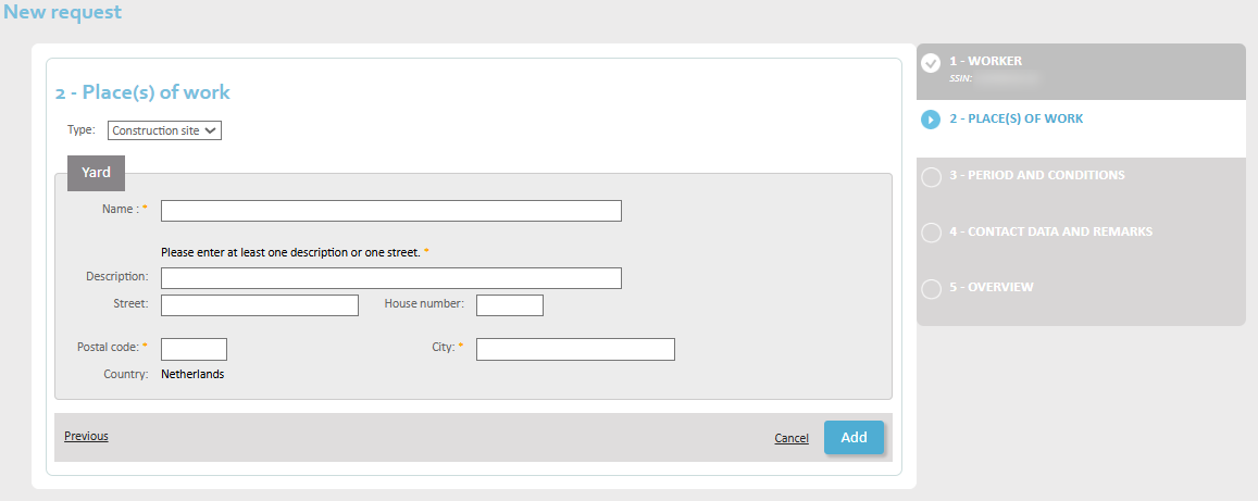 New Request - Step 2 Screen for the location details of the construction site where the employee will be working