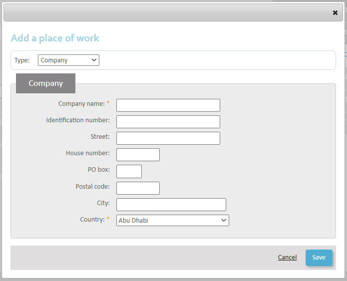 Requestion employment in multiple countries - Step 3 The selected type is 'Company'. The pop-up displays fields detailing the company address. The company name and country are obligatory fields.