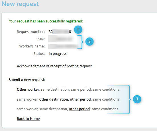 New Request - Confirmation Confirmation screen for a new and saved posting request