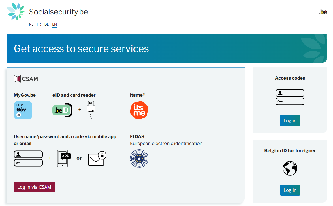 Login screen for secure services. Use your choice of: eID and card reader, itsme, EIDAS, username and password + a code sent by mobile app or email - and log in to CSAM