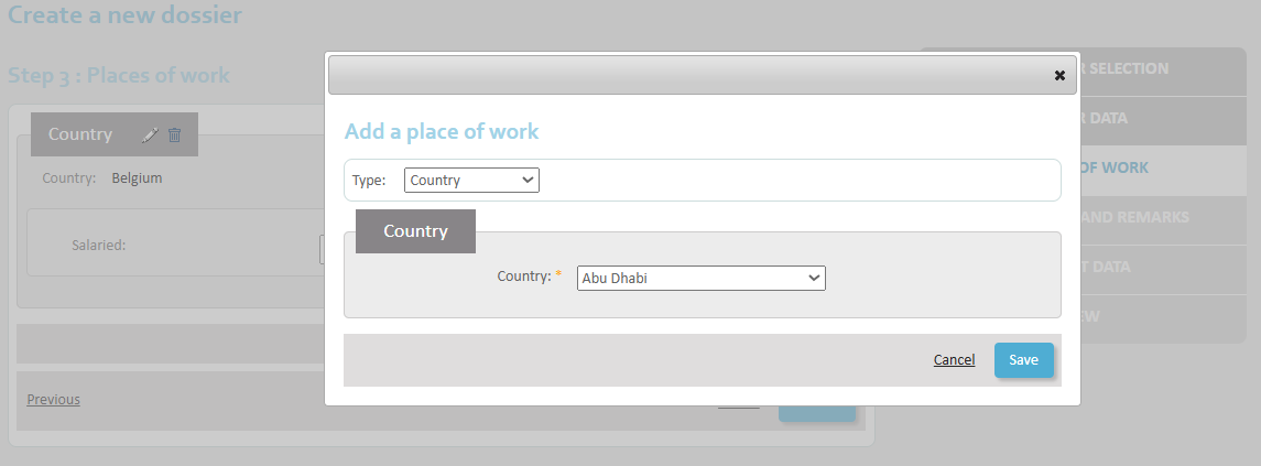 Requesting employment in multiple countries - Step 3 'Country' is selected. There is a dropdown from which to select a country of employment, and a Save button.