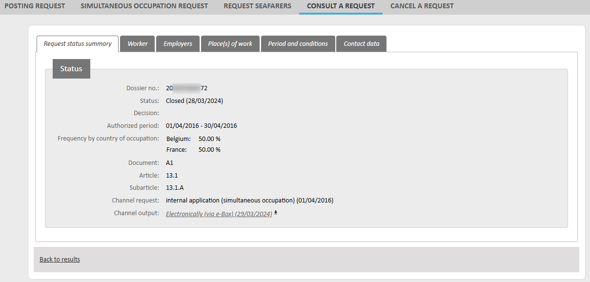Consulting your requests Consultation screen with the details of the chosen request