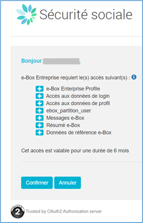 Access Information Screen. e-Box Enterprise requires access to several data sets: e-Box Enterprise profile, login data, profile data, user data, e-Box messages and summaries, e-Box reference data. Confirm or deny.