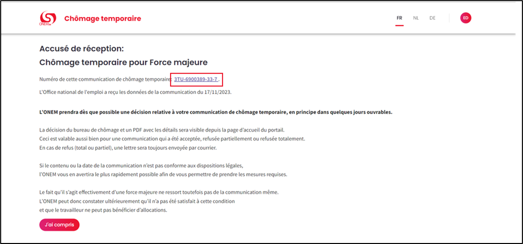 Screenshot of acknowledgement of receipt with number for the specific communication. Red button at the bottom to confirm that one has understood.