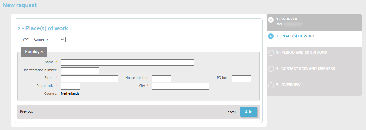 New Request - Step 2 Screen for the contact details of the office where the employee will be occupied