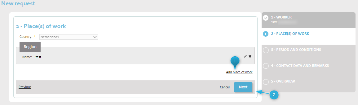 New Request - Step 2 Screen with button to add another workplace