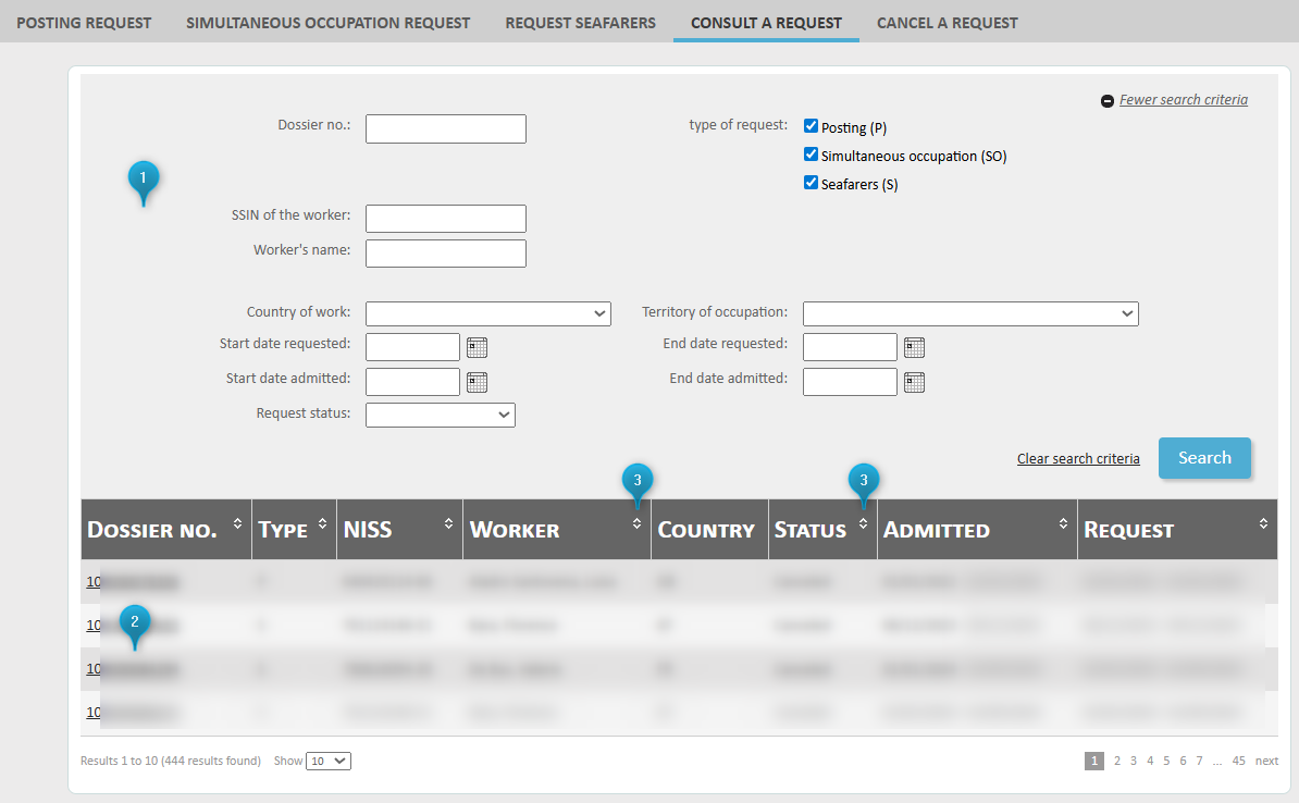Consulting your requests Consultation screen with a list of past request and search filters