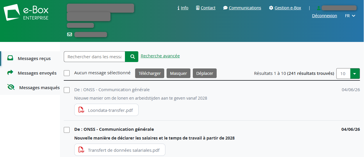 eBox entreprise interface from e-Box Enterprise showing a list of received messages. The interface includes a search bar, message management buttons,