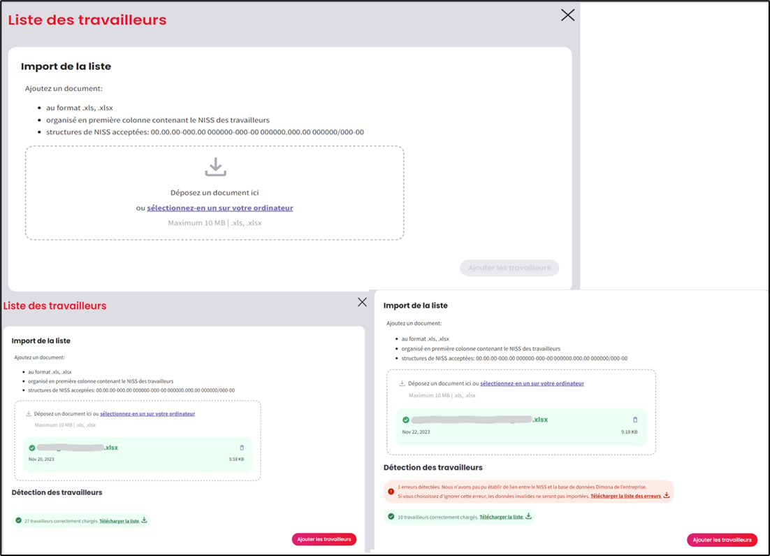 Screenshot showing three pages. The one at the top shows how to upload a list. Once a list has been imported, you can add an employee. Click on the red button at the bottom right of the left screenshot in the second line. The right page in the second line shows an alert notice. You can upload a list of alert notices. You can also upload the list of selected employees.