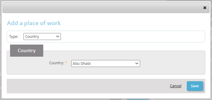 Requesting employment in multiple countries - Step 3 Pop-up detail. 'Country' is selected. There is a dropdown from which to select a country of employment, and a Save button.