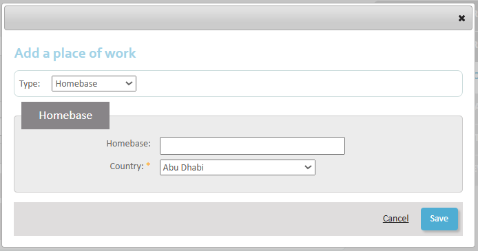 Requesting employment in multiple countries - Step 3 The type selected is 'Homebase'. The country is an obligatory field.