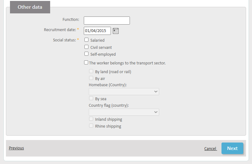 Request employment in multiple countries - Step 2 'Other data' screen, where you add the date the employee was hired as well as the