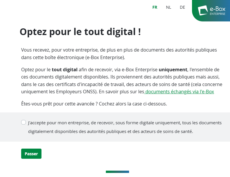 Choose to Go All-Digital. Screen that prompts you to receive all documents that exist in digital versions digitally (no paper). There is a checkbox to indicate your agreement and a Pass button.