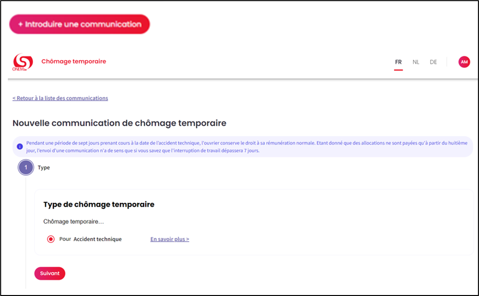 Screenshot to submit a new communication. Submit button at the very top on the lelft side. Chosen type of unemployment her is for technical accident. Red button to go to next page.