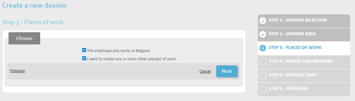 Request employment in multiple countries - Step 3 Choose the places of employment. Two boxes are checked: 'the employee will be working in Belgium' and 'I wish to add one or more places of employment'.